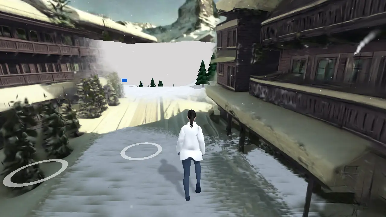 Le Cervin au bout d'une rue de chalets, sous la neige